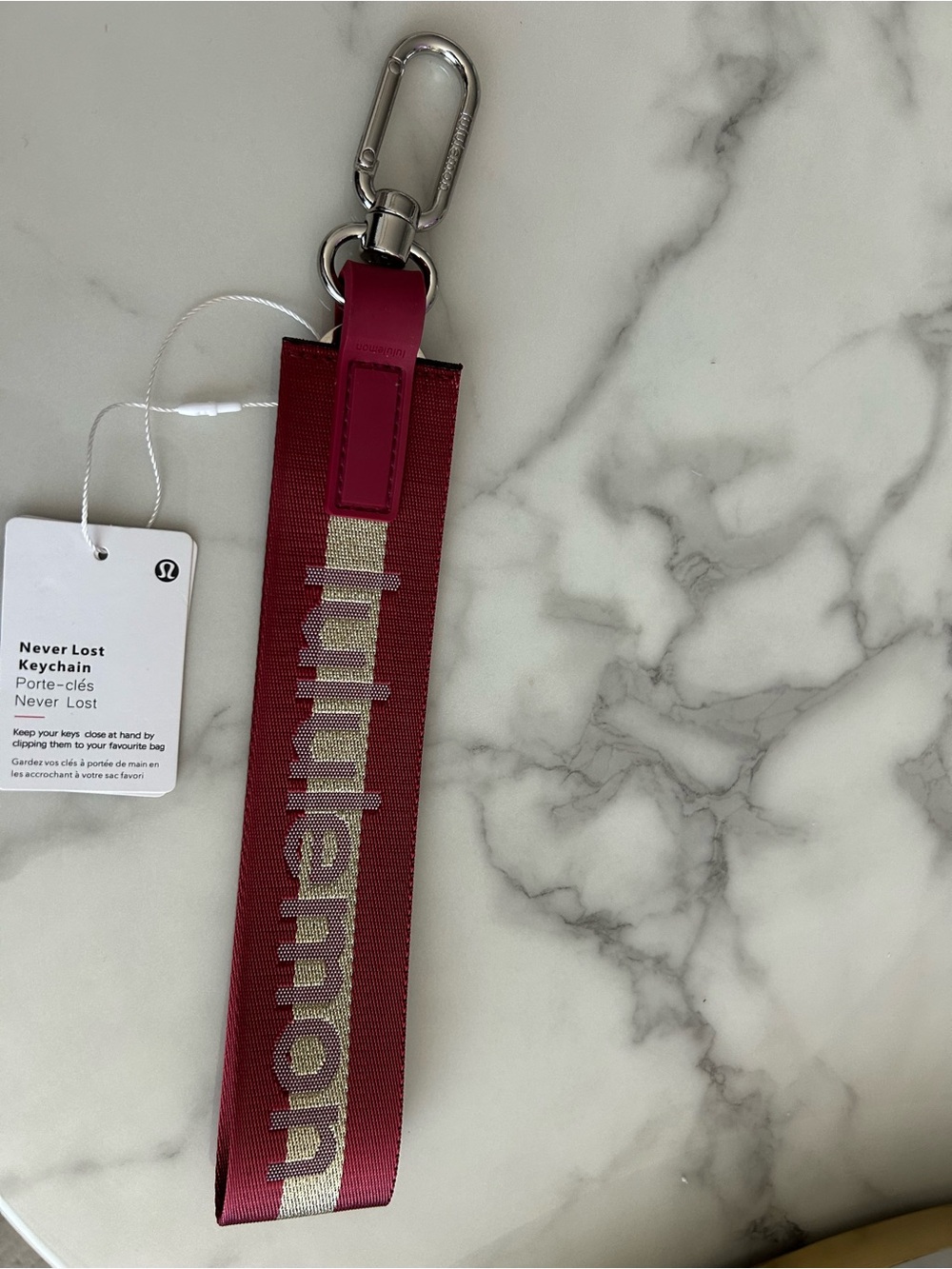 lululemon athletica Never Lost Keychain - Burgundy with Silver Logo